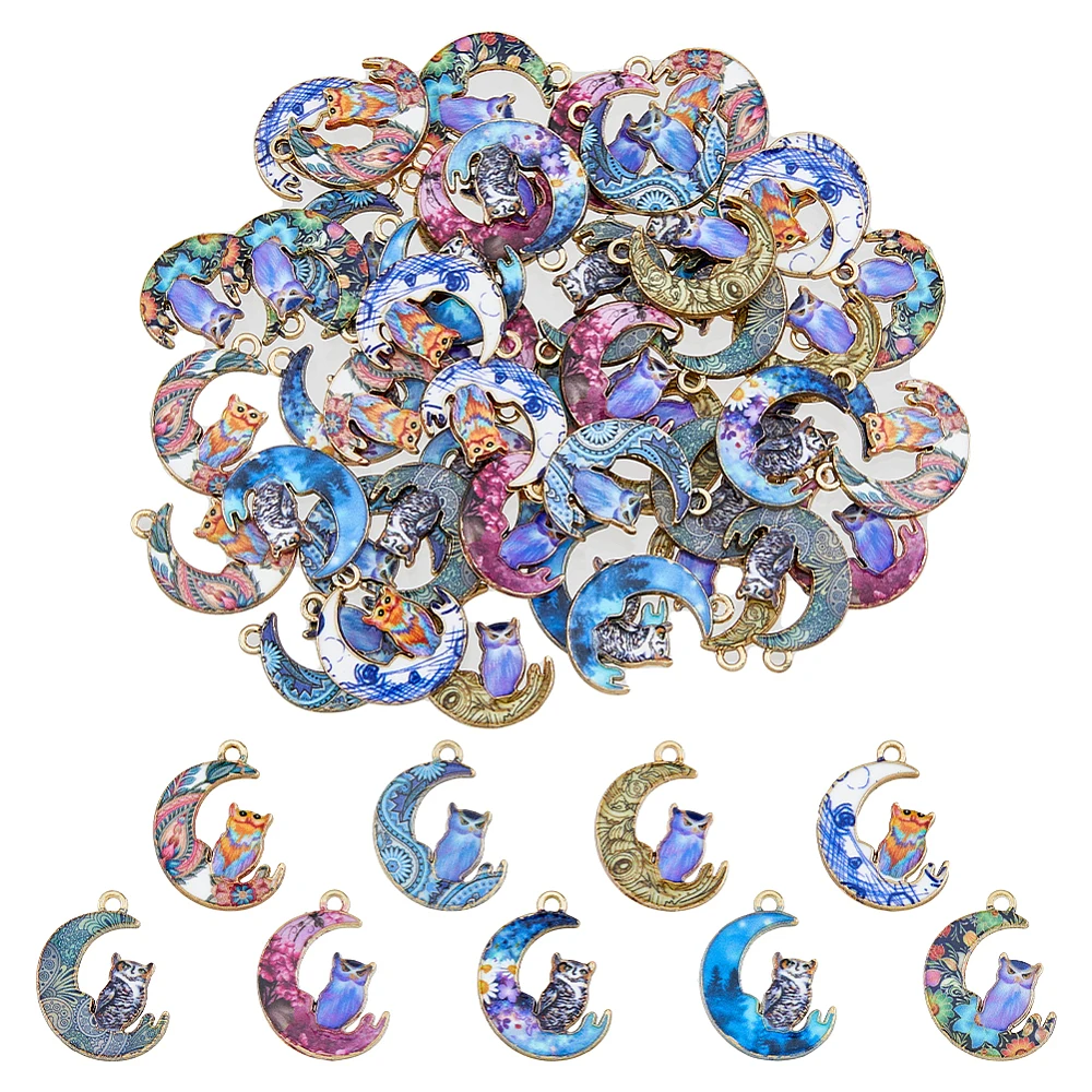 54Pcs Celestial Owl Pendants Lunar Owl Charms Night Sky Inspired Charms Cosmic Theme Pendant Printed Alloy Jewelry Charms