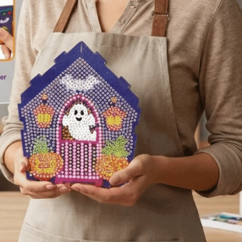 3D Wooden House Halloween Rhinestone Painting Kit Spooky Cute DIY Craft Kit Ghost Pumpkin Pattern Pearl Art Handmade Craft Set
