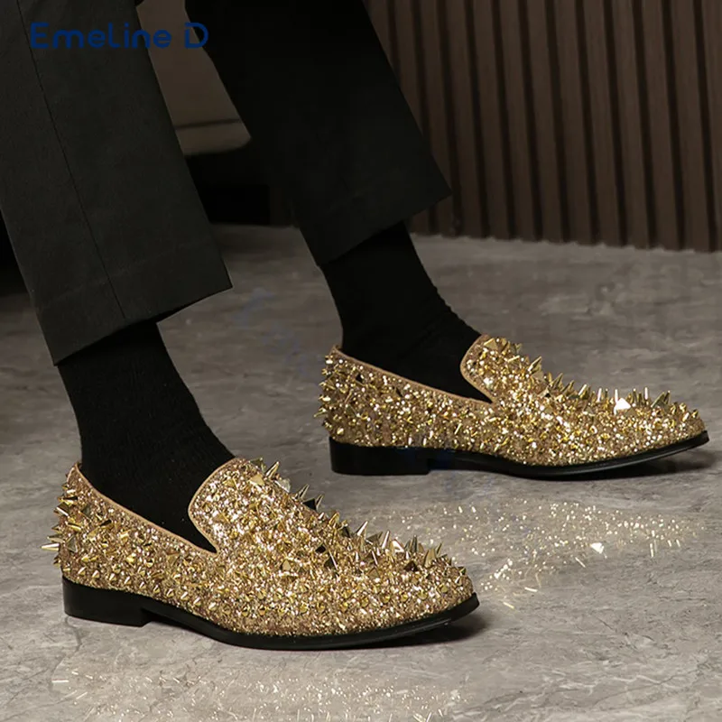 Crystal Studded Slip-On Loafers with Gold Rhinestones Luxurious and Shiny Casual Shoes Business and Fashionable Men's Shoes