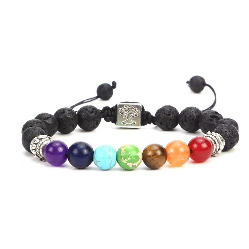 7 Chakra Lebensbaum Charm-Armbänder Herren Lava-Steine Perlen Geflochtenes Seil Handgefertigtes Armband Damen Yoga Schmuck Accessoires – Detail 3