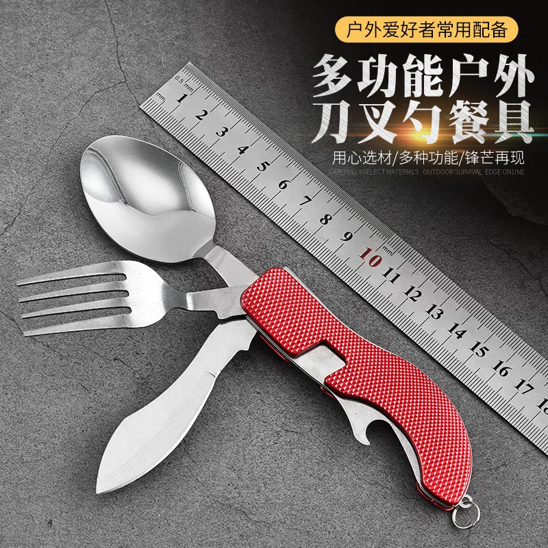 Tablespoon Set 4 In 1 Foldable Spoon Knife Fork Bottle Opener Stainless Steel Folding Pocket Kits Outdoor Tableware Set