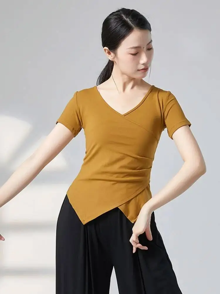 인쇄 된 짧은 소매 스플릿 밑단 슬림 피트 댄스 탑 여성용 현대 현대 재즈 서정적 무대 공연 연습 착용