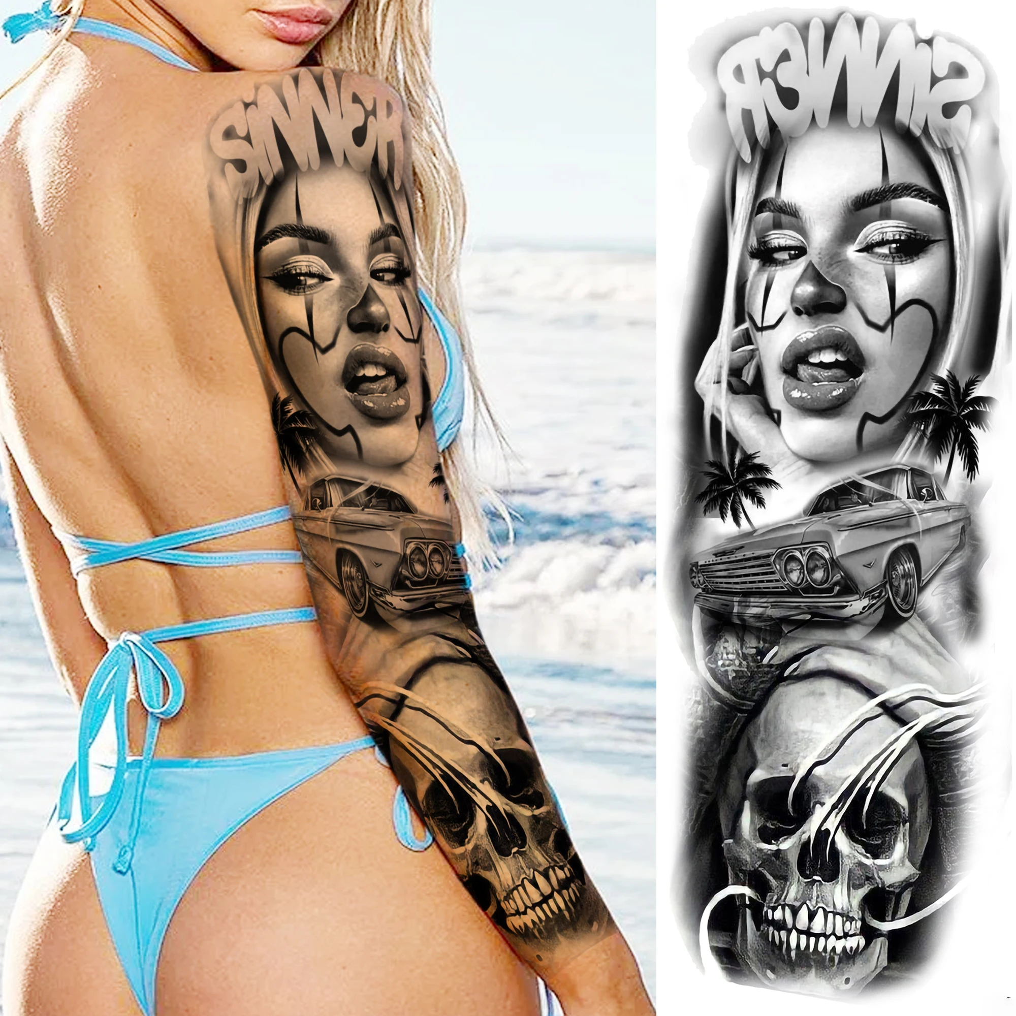 남녀공용 방수 1매 풀암 로버 갱스터 임시 타투 슬리브, 사실적인 악당 가짜 타투 스티커 - 5