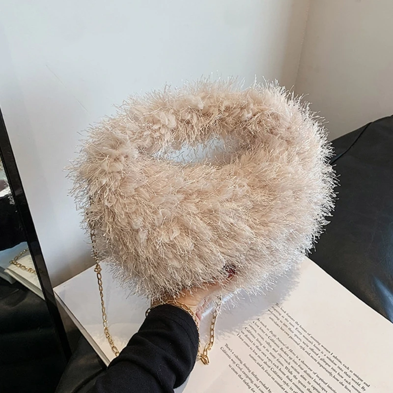 à bandoulière à pompons en peluche avec chaîne, à bandoulière tendance pour femmes filles