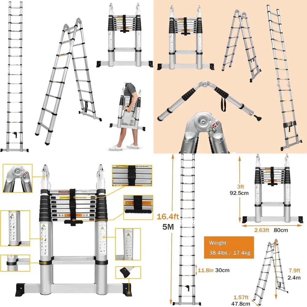 

Aluminum A-Frame Folding Ladder with Stabilizer Bar, 16.4ft Telescoping, 330lbs Load Capacity, Home Use Ladder