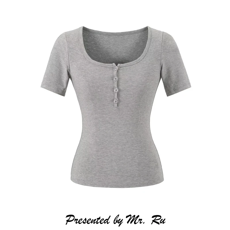 

Slim Fit Short Sleeve Square Collar Ant Waist T-Shirt Women's Pure Color Casual Style Button up Top Versatile Stylish Spring ...
