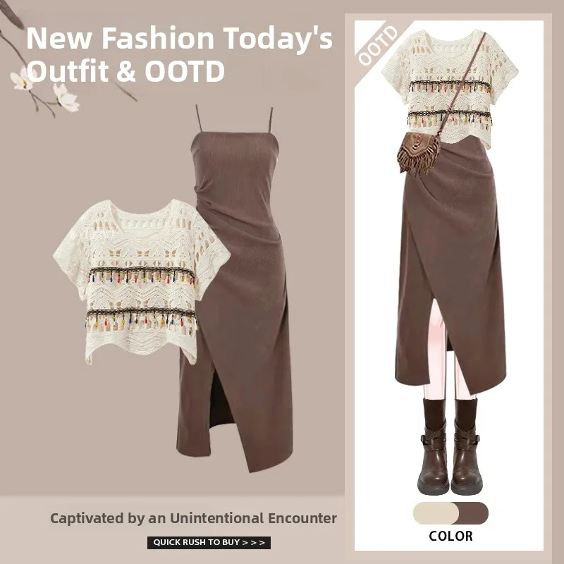 Estate vintage da donna Design Sense etnico Sle scava fuori Cover up Top cinturino asimmetrico Dr set da due pezzi gonna a trapezio