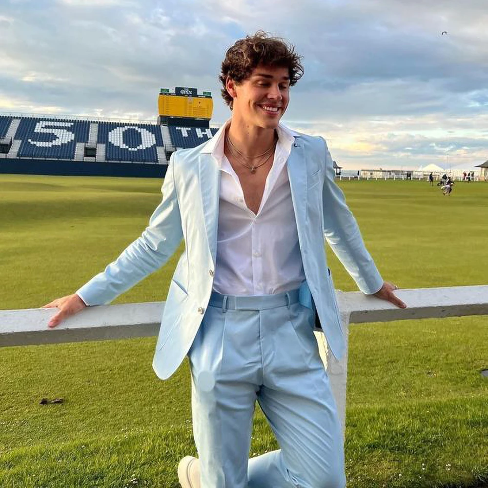 

Chic Sky Blue Solid Male Suit Fashion Peak Lapel Single Breasted Blazer with Pants Elegant Casual Wedding Best Man Groom Tuxedo
