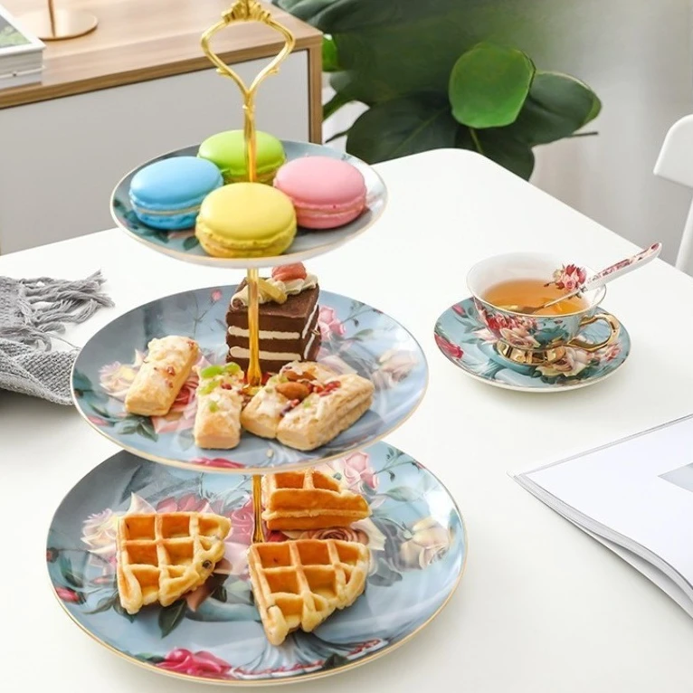 

High End Retro Luxury Dessert Stand Fruit Platter Ins Style Ceramic Display for Home Wedding Party Snack Tray Plate Set