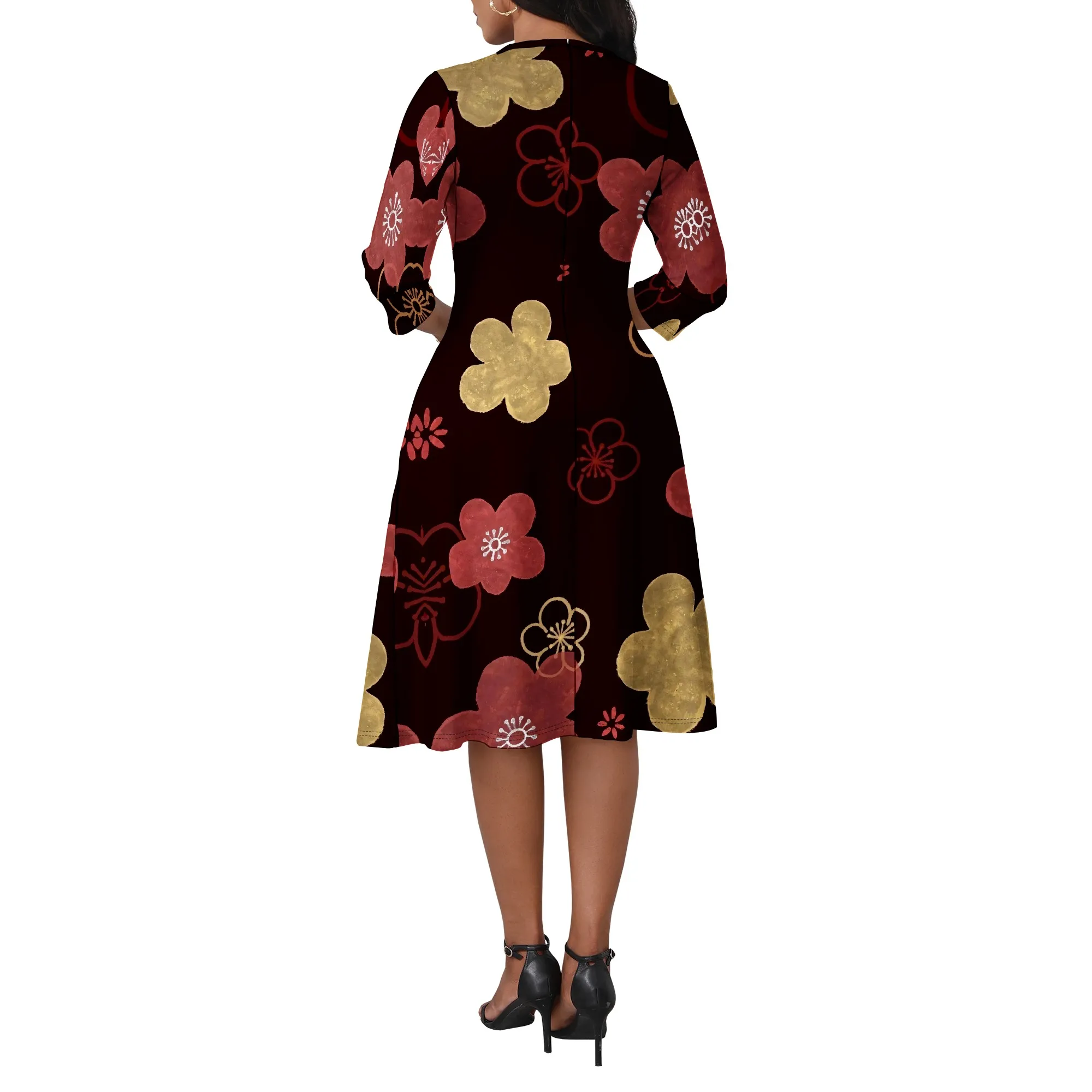 Vintage Gold Red Flower Print Dress Women 3/4 Sleeve V-Neck A-Line Summer Clothing