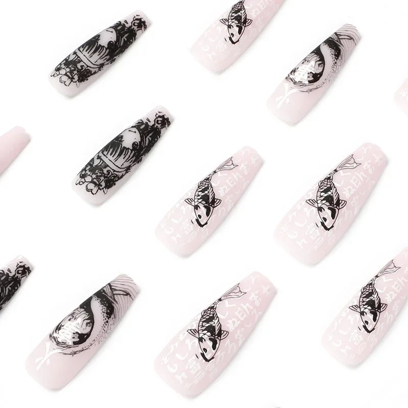 Sea Wave Carp Japanese Style Doodle False Nails Detachable Nude Pink Long Coffin Fake Nails with Glue Full Cover Press on Nails