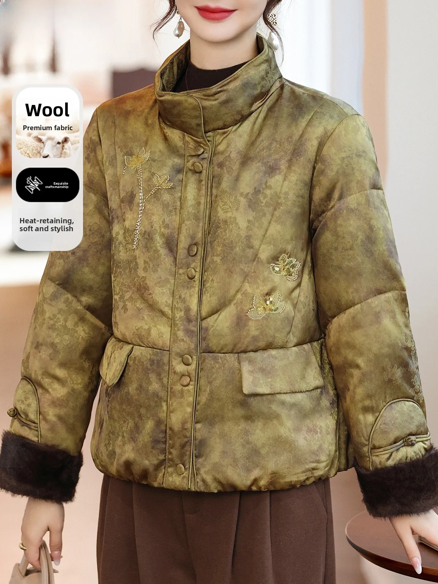 

Элегантная зимняя хлопковая куртка укороченного фасона для женщин, модная, теплая, с наполнителем из полиэфирного волокна, в китайском национальном стиле, для женщин среднего возраста.