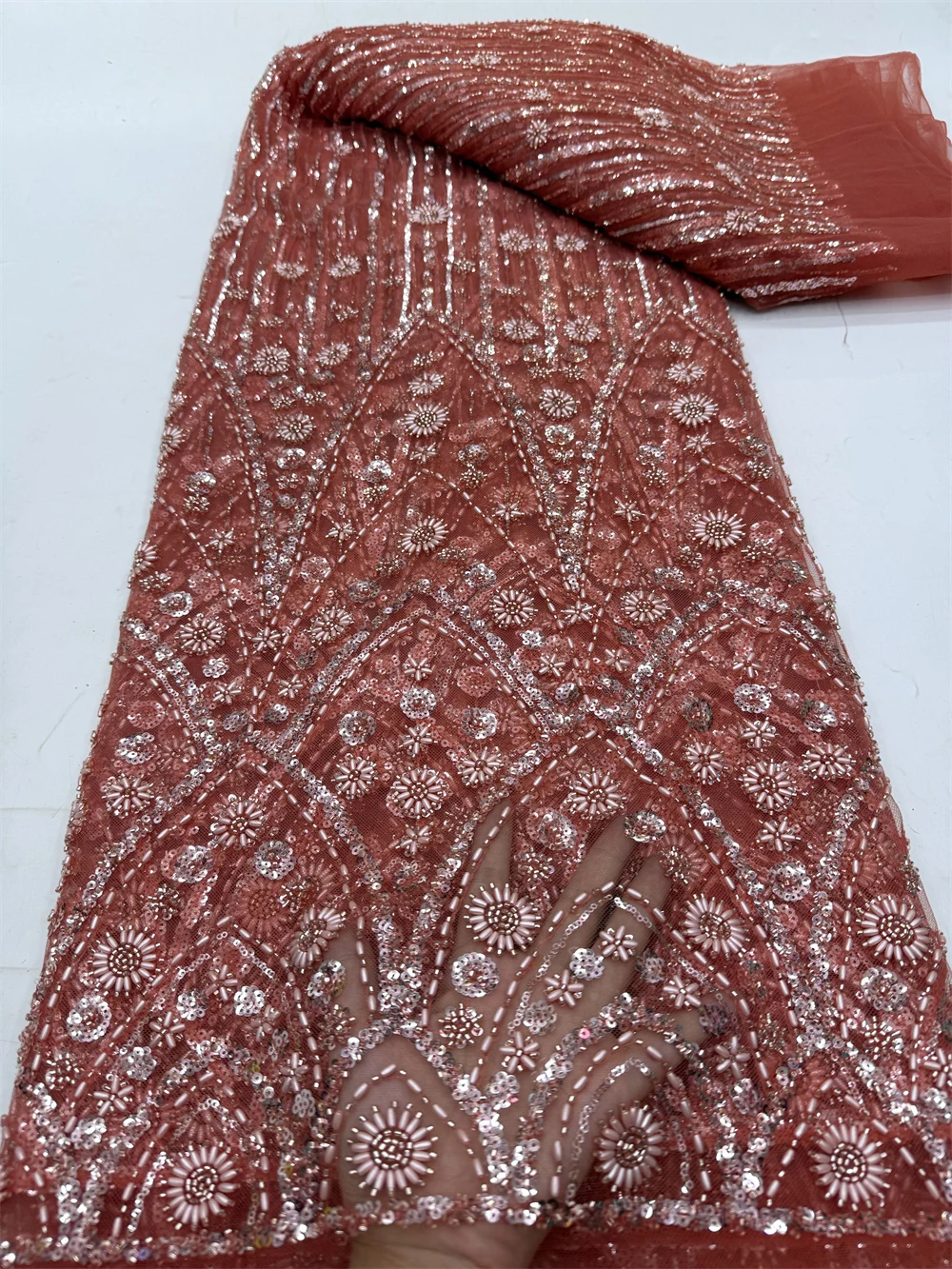 African Nigerian Sequins Embroidery Tulle Lace Fabric, Sewing , Beads Stone Prom Dresses, High Quality, 5Yards, 2024 jy393