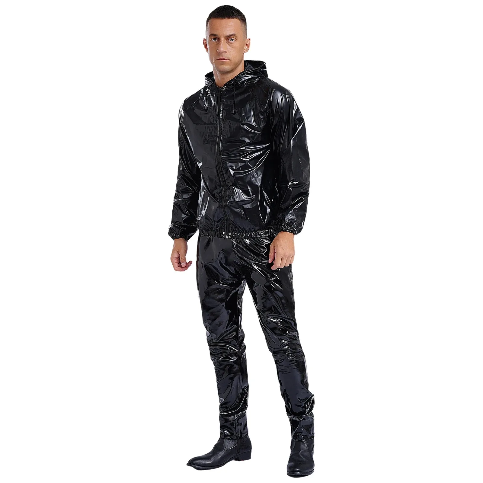 Unisex Womens Mens PVC Sauna Sweat Suit Exercise Workout Outfit Long Sleeve Zipper Drawstring Hooded Jacket Tops with Pants