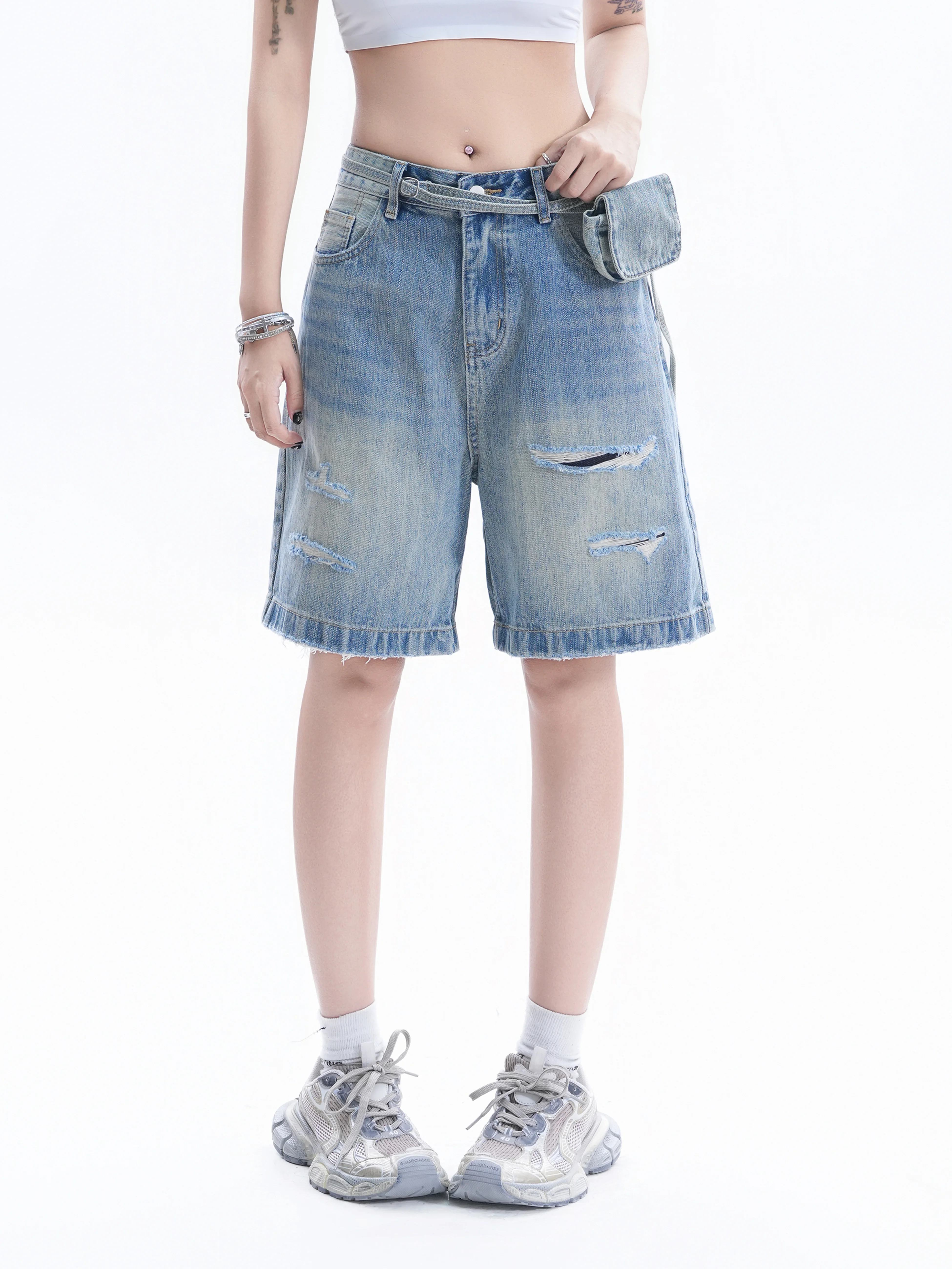 Street Style Ripped Denim Shorts Women's Waist Bag Design Loose Slimming Versatile American Five-Point Pants Cotton Summer La...