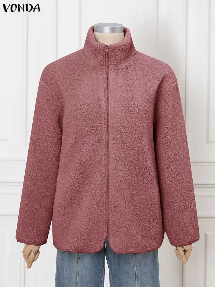 

VONDA Women Fleece Coats 2025 Winter Long Sleeve Stand Collar Zipper Casual Jackets Solid Streetwear Loose Outwear Plus Size