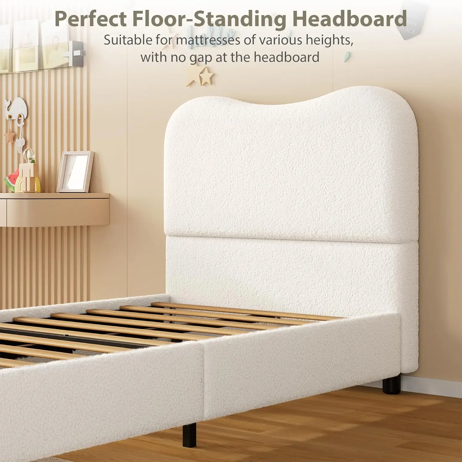 إطار سرير بمنصة بيضاء مزدوجة بتصميم جديد مع لوح رأسي منجد من قماش Boucle الناعم للفتيات والأولاد #5