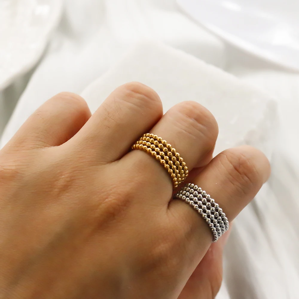 JINHUI Stainless Steel Round Beads Ring for Women Waterproof Metal Statement Daily Fashion Trendy Jewelry