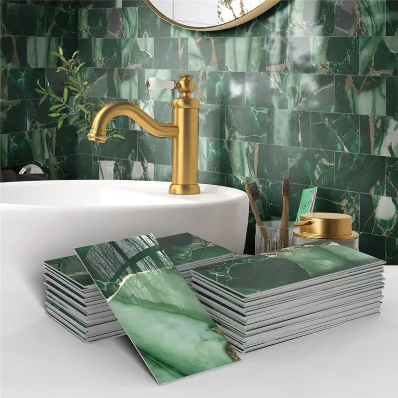 Exquisite-Subway Tile Sticker 32Pcs Golden Veined Emerald Marble, 4In X 8In Thick PET Glossy Peel-And-Stick Backsplash Wall Tile