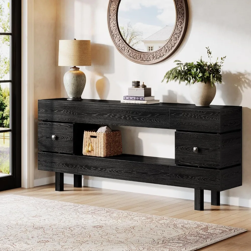 

70.87" Console Table with 2 Drawers, Farmhouse 2-Tier Entryway Table for Entrance with Display Shelf, Extra Long Sofa Table TV