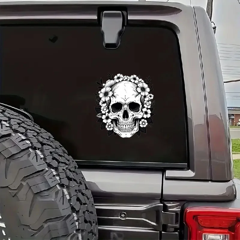 1pc Skull & Wreath Waterproof Vinyl Sticker Black White Decal for Car Motorcycle Helmet Durable Body Decor