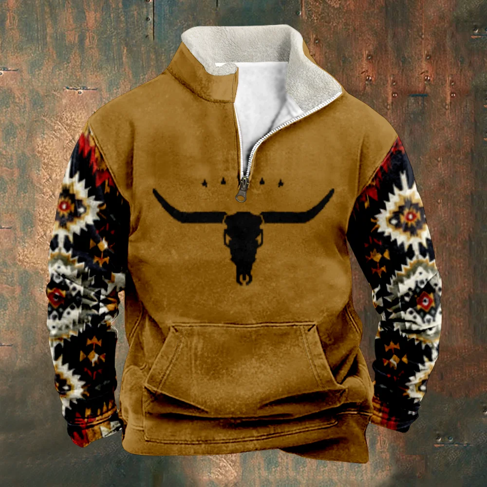 Patchwork Men's Hoodie Vintage Bull Bones Pullover Long Sleeve Stand Collar Zipper Casual Zipper Sweatshirt