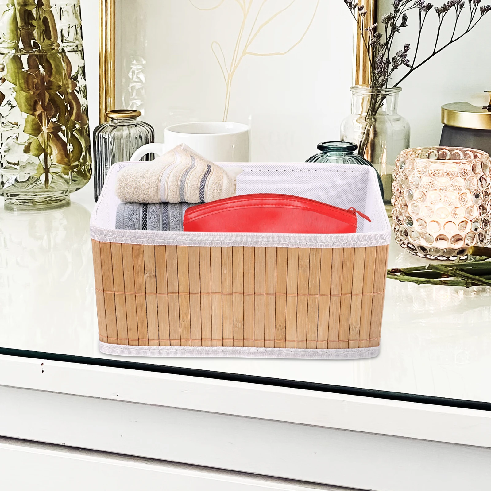 

2Pcs Bamboo Storage Baskets Folding Woven Desktop Organizer Sundries Holder Multipurpose Household Food Bread Basket