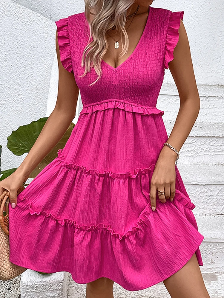 Summer Midi Dresses For Women Casual Red Ruffle Big Hem Holiday Beach Dress Fashion Sleevelee V Neck New In Dresses 2024