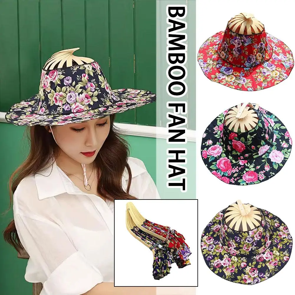 Women Bamboo Foldable Hand Fan Sun Hat Portable Chinese Style Bamboo Frame Floral Printed Hand Fan Sunhat Hat For Travel Be U5N0