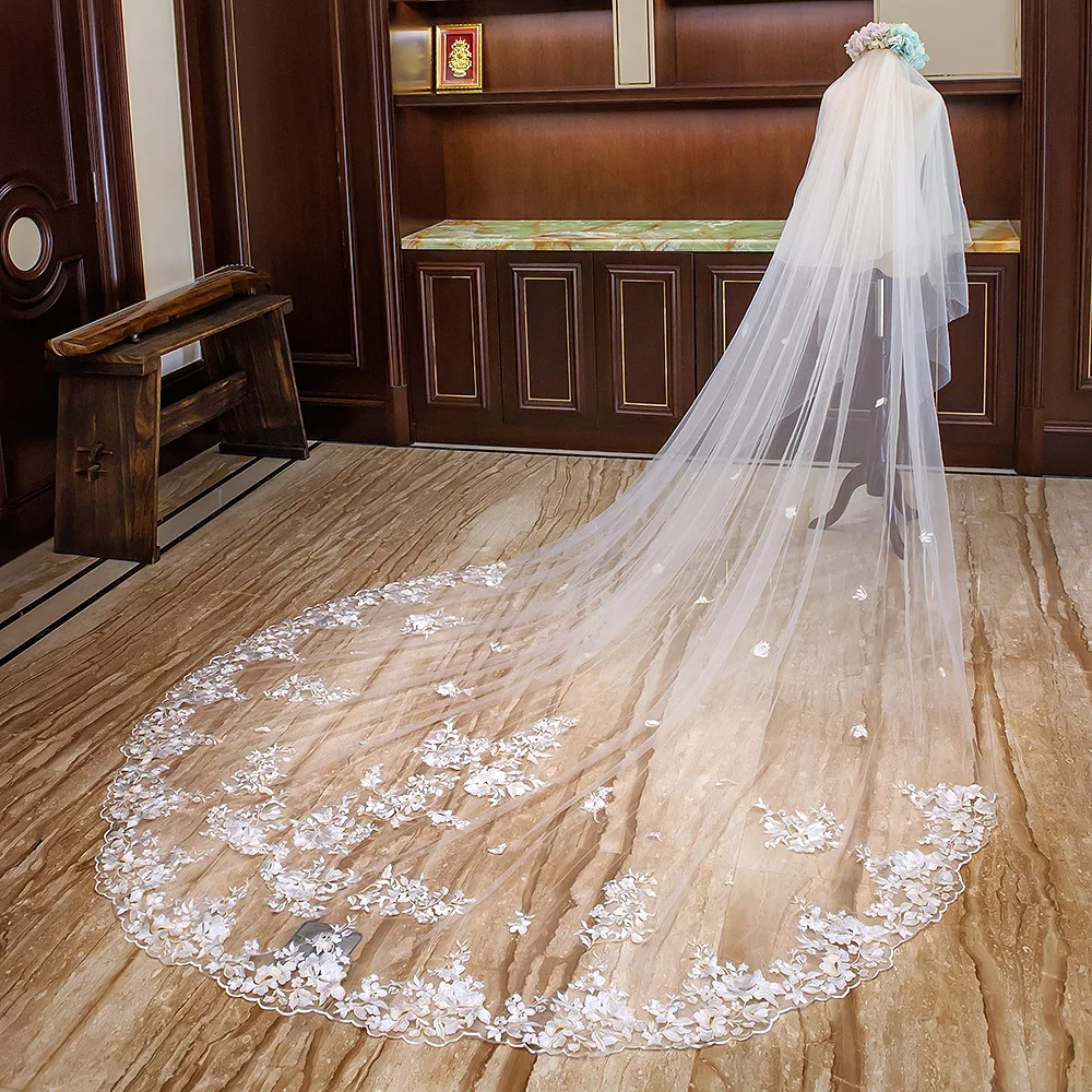 Voile de Mariage Romantique à Deux Couches, Longueur Cathédrale, Bord Appliqué, Robes de Soirée Personnalisées