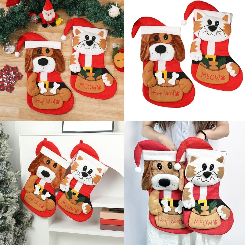 Holiday Dog/Cats Embroidery Sock Pet Lover's Delight Christmas Stocking with Cats/Dog for Festival Home Ambiances