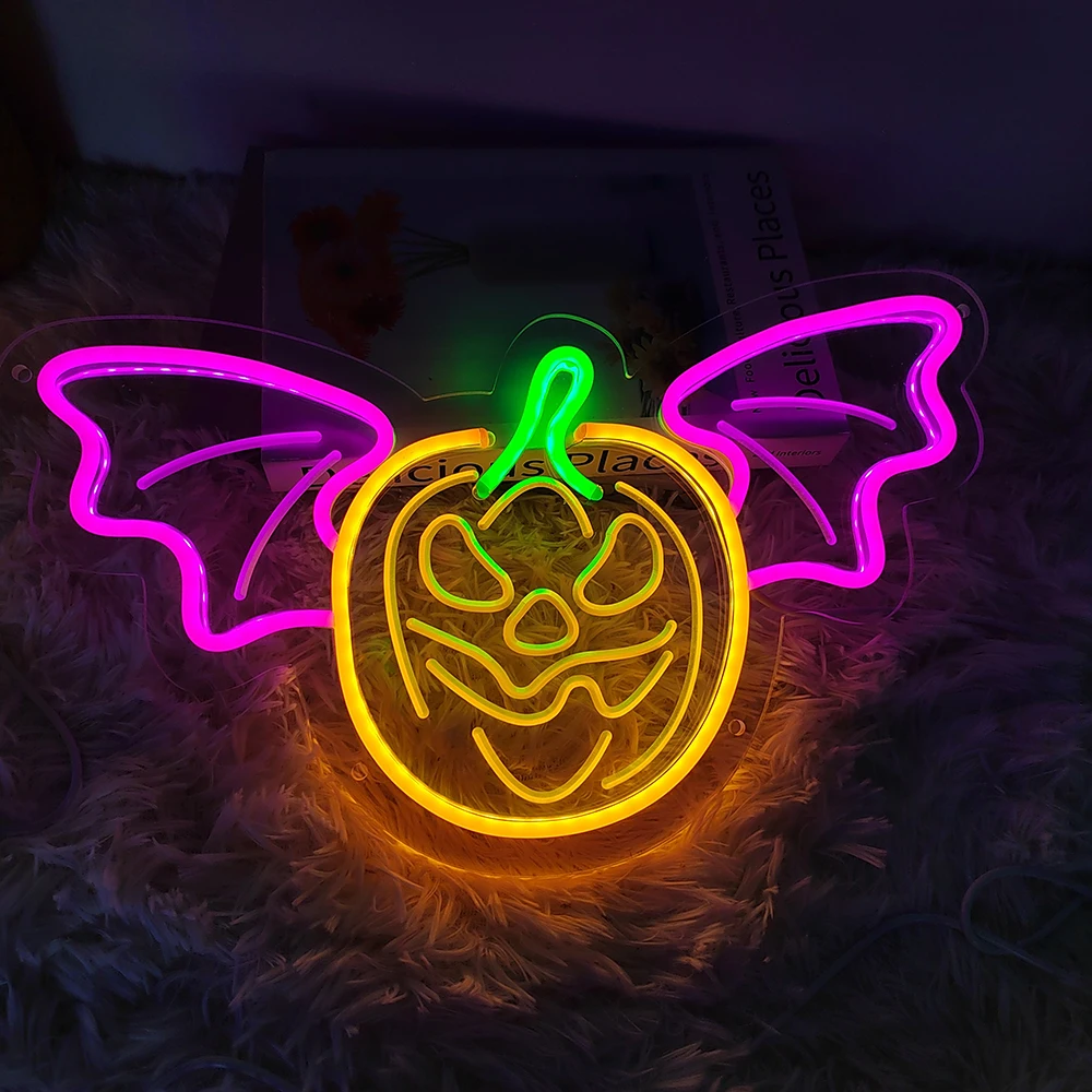 Halloween Pumpkin Neon Sign Bat LED Neon Lights for Wall Decor USB Powered Neon Lights for Bedroom Gifts Christmas Decorations