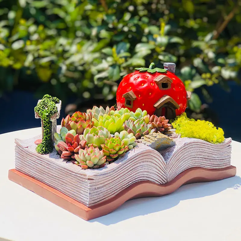 

Creative book shaped succulent flowerpot fairy tale style desktop potted succulent plant landscape pot desktop green plant decor