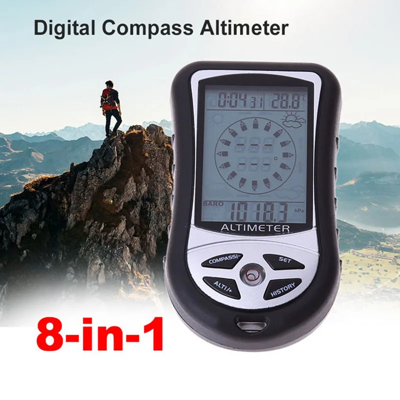 8 In 1 Handheld Electronic Navigation Compass Altimeter Barometer Thermometer Weather Forecast Time Clock For Outdoor Camping