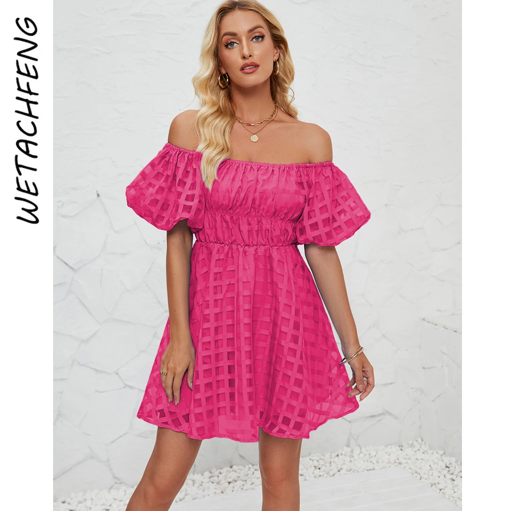 

Elegant Red Sexy Off Shoulder Pleated Slash Neck Mini Dress Women 2024 Summer Plaid A-Line High Waist Party Holiday Boho Dress