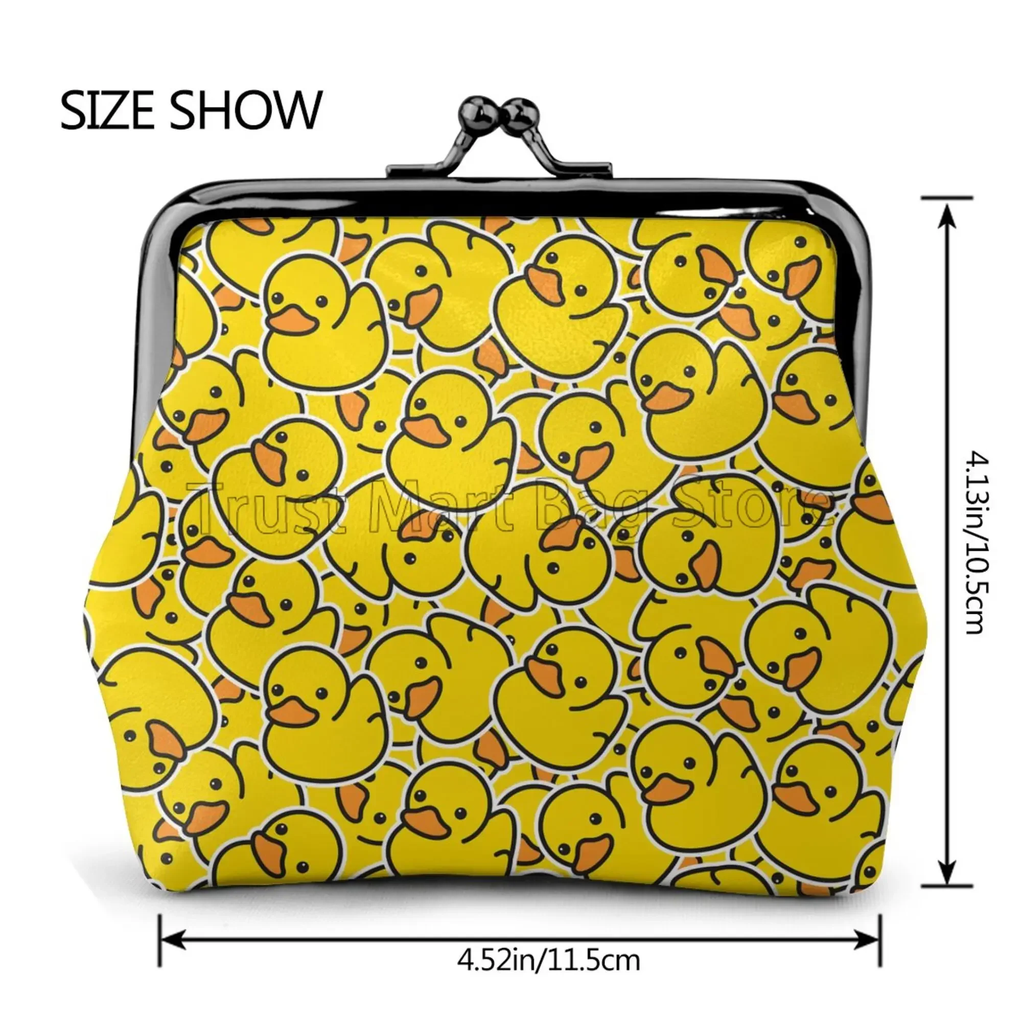 Cute Yellow Duck Print Leather Coin Purse Kawaii Small Kiss-Lock Change Pouch Clasp Closure Buckle Wallet for Women Girls Gift