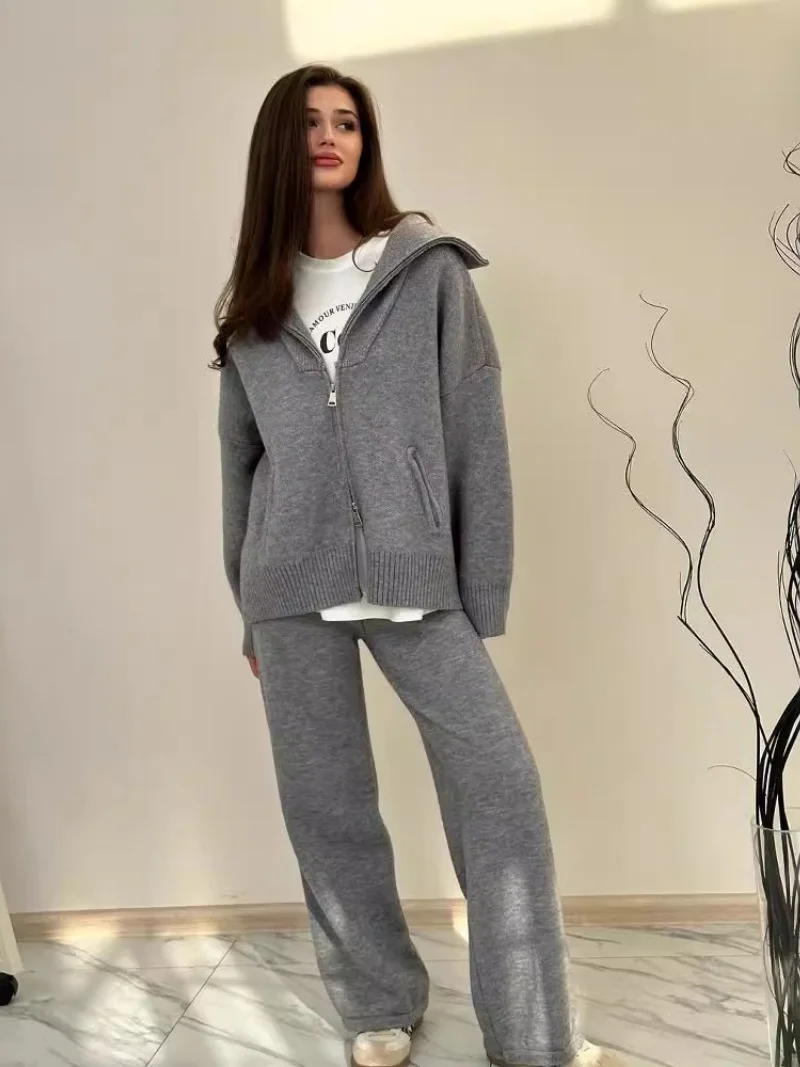 Streetwear Gestrickte 2-teilige Sets Frauen Outfit Herbst Kleidung Frauen Zipper Pullover Top und Hose Sets Lässige Trainingsanzüge Frau Sets