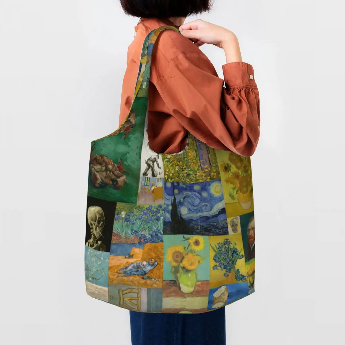 Van Gogh Collage Groceries Shopping Bags Print Canvas Shopper Shoulder Tote Bags Big Capacity Portable Art Painting Bag Handbag