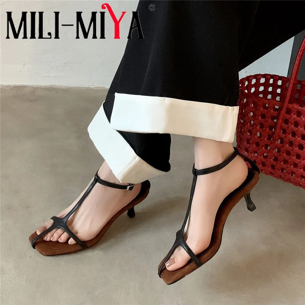 

MILI-MIYA женские модные босоножки из натуральной кожи с квадратным носком на тонком каблуке, большие размеры 34-40 для женщин с пряжкой на щиколотке и ремешком
