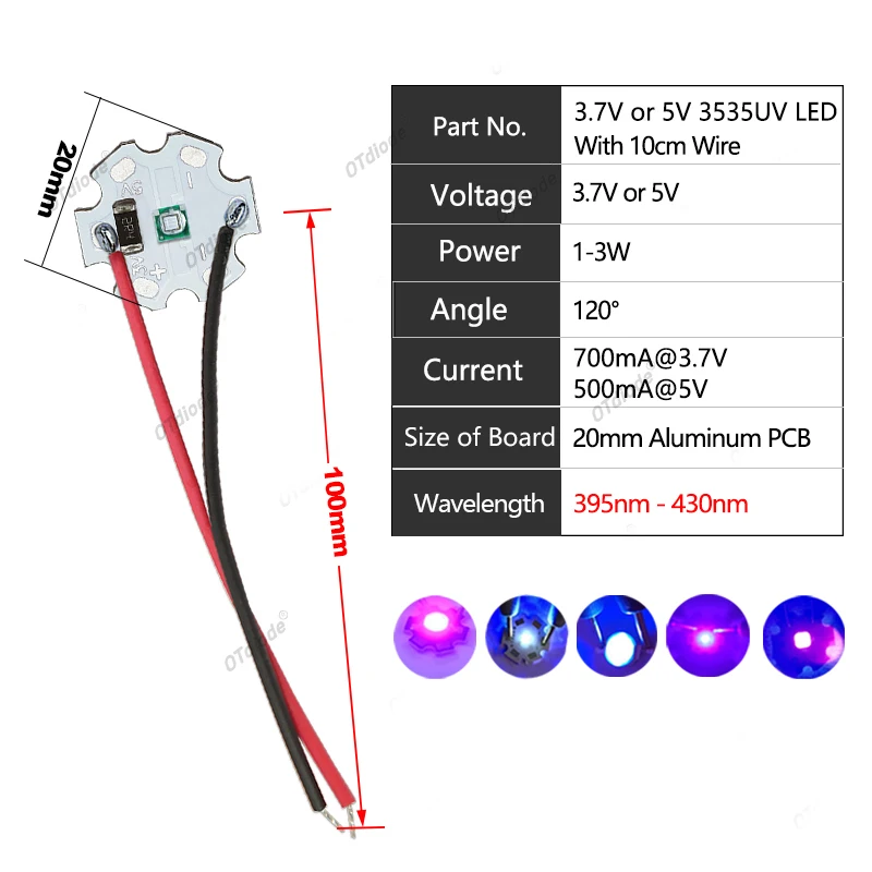 3535 UV 3W Purple High Power LED 3V 3.7V 5V 12V Chip 365nm 370nm 385nm395nm 400nm 410nm 420nm Beads Ultra Violet Light With PCB image 4
