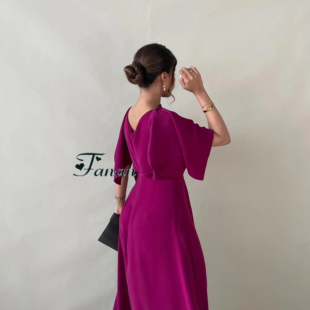 Personalizado o-pescoço simples jérsei a linha vestido de noite sem mangas watteau trem vestido de festa com capa tornozelo comprimento vestido de baile