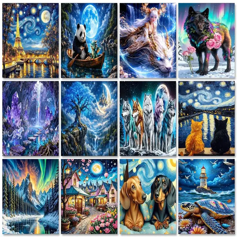 

RUOPOTY Luminous Building Painting By Numbers Crafts DIY Color by Number for Beginner Landscape Craft Supplies Handpainted Kit