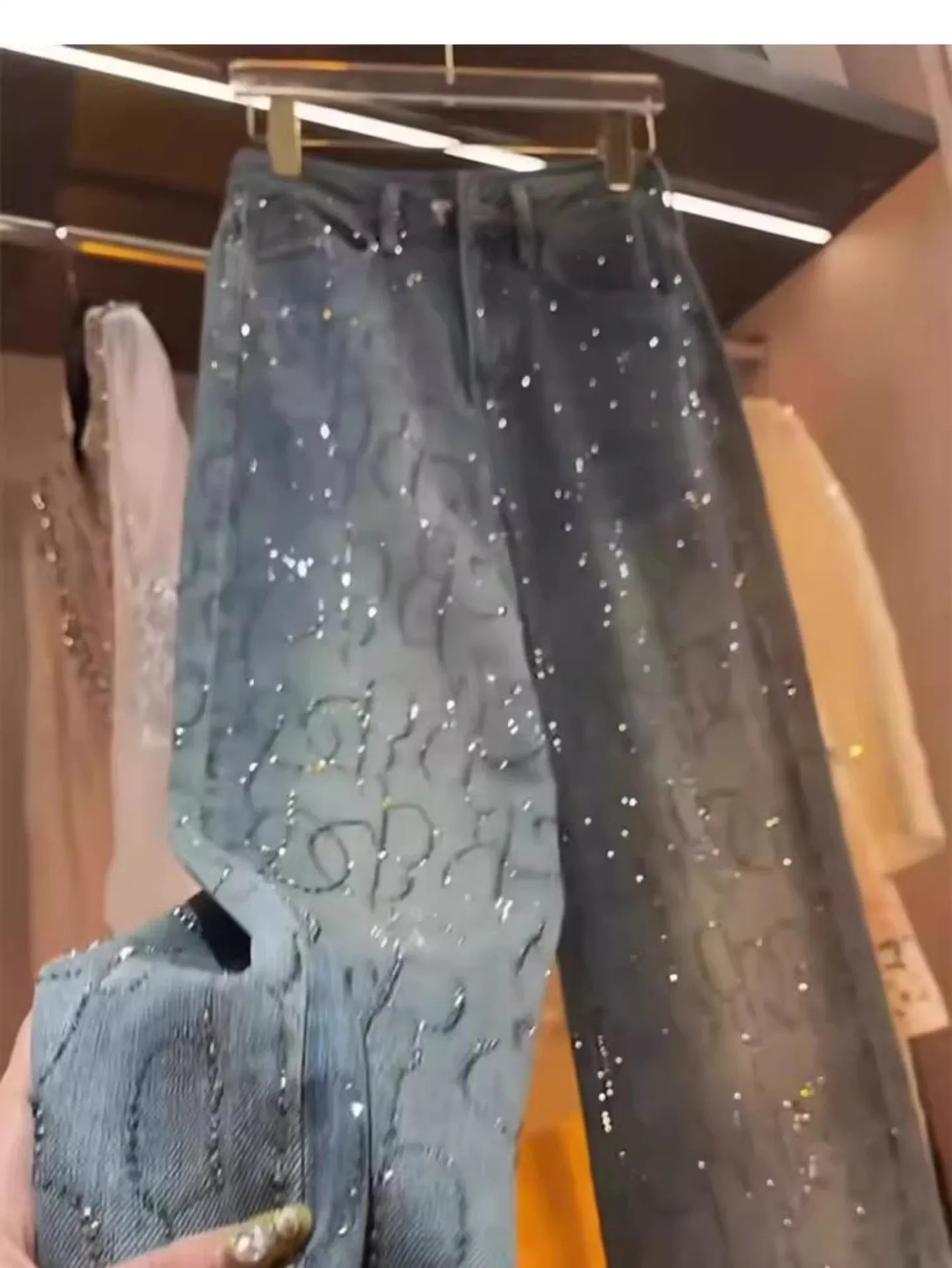 Hot Stamping Diamond Jeans for Women 2026 Spring Autumn Trendy Shiny Rivet Wide Leg Pants Female Straight Loose Denim Pants
