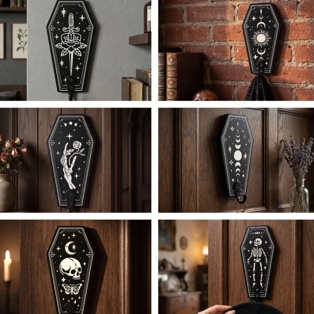 Wooden Halloween Skeleton Hook Flower Star Moon Wall Mounted Hook Multifunctional Gothic Wall Hanging Hooks Home Organization