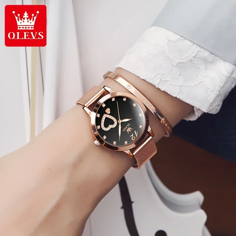 OLEVS 5189 Ultra Thin Quartz Women Watch Luxury Mesh Steel Strap Fashion Heart Shape Dial Ladies Wristwatch   New In