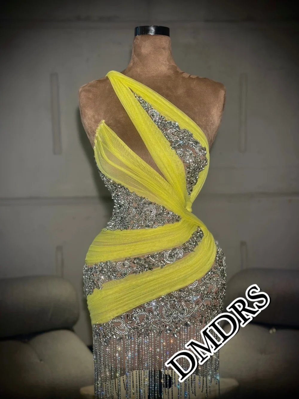 

DMDRS Romantic One-Piece Evening Dress 2026 Elegant Fringed Party Gown Sheer Sequined Crystal Knee-Length Party Dresses