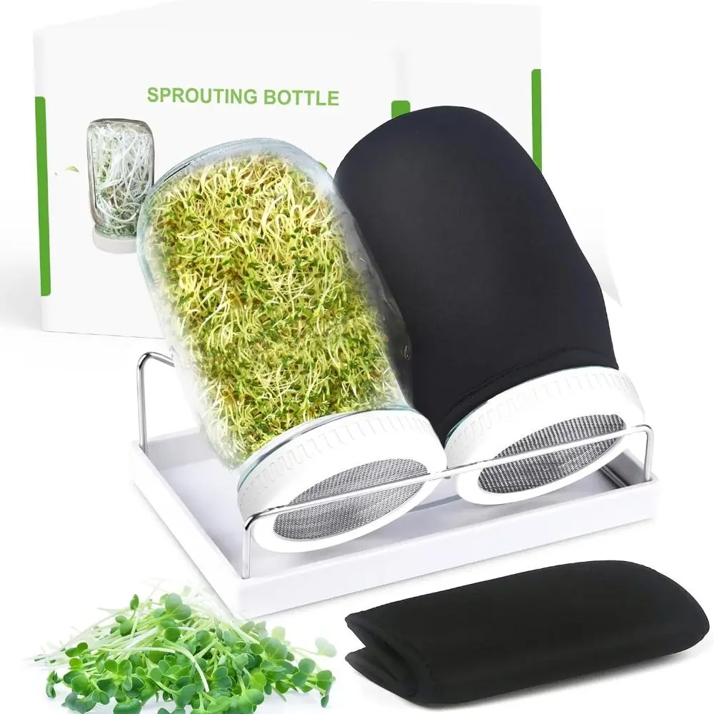 Large Seed Sprouting Kit 32OZ Wide Mouth Sprouts Growing Kit Stainless Steel Blackout Sleeves Mason Jars Bean Broccoli Alfalfa