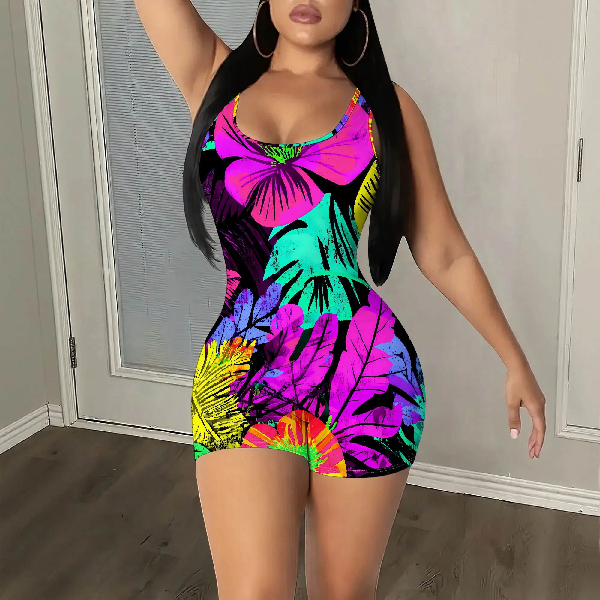 

Neon Tropical Print Sleeveless Bodysuit, Vibrant Floral Romper, Summer Beach Clubwear, Party Night Outfit, S-2XL