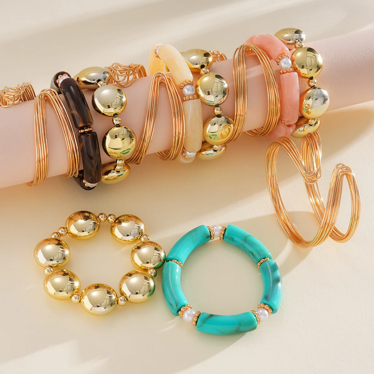 3PCS Trendy Retro Multicolour Acrylic Bend Bangle for Women Set Charm Curved Bamboo Pipe Stone Grain Bracelet Jewelry Gifts