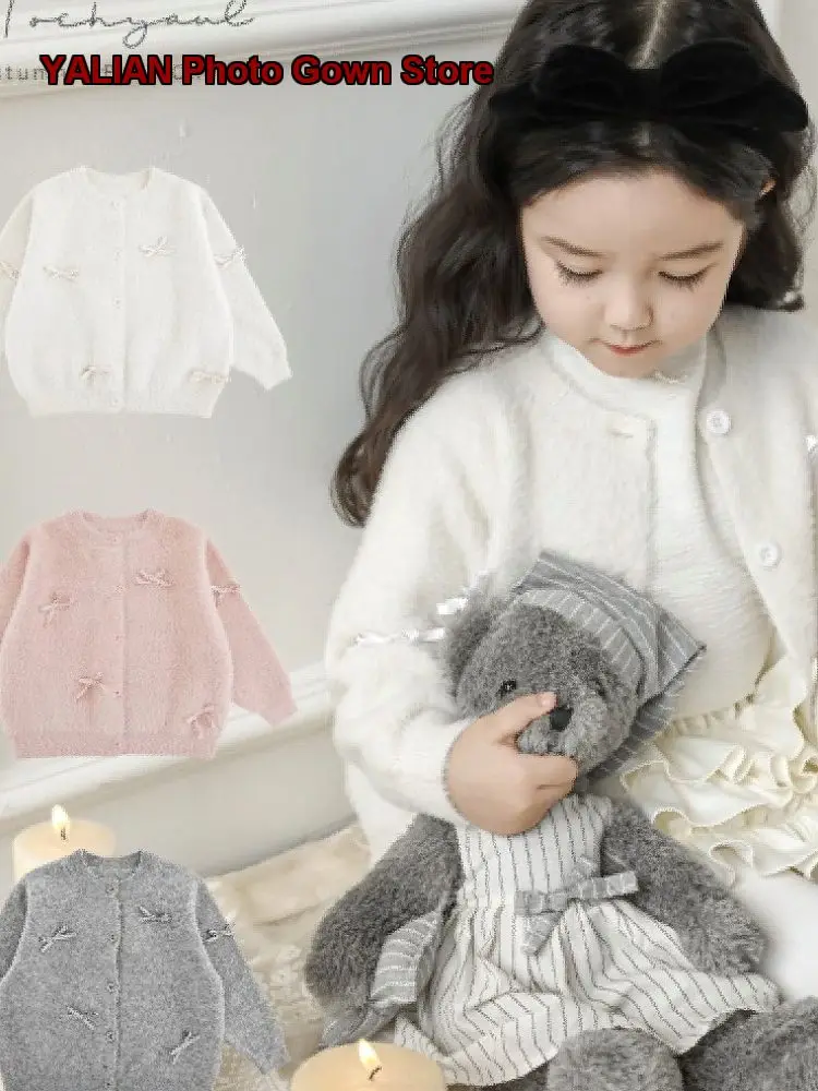 Youyou Girls Knit Cardigan Bow Tie Rope Spring Autumn Fluffy Soft Cotton Jacket